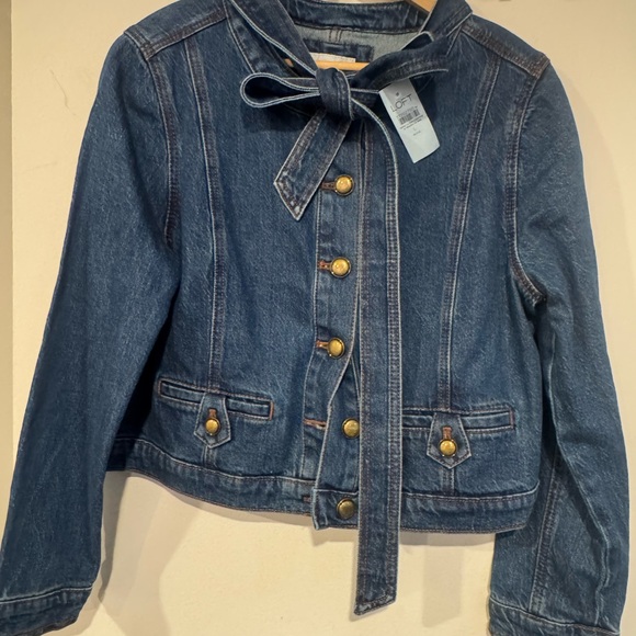 NWT LOFT Petite Large Denim Tie Neck Bow Jacket Gold Buttons Indigo Wash - Picture 5 of 6